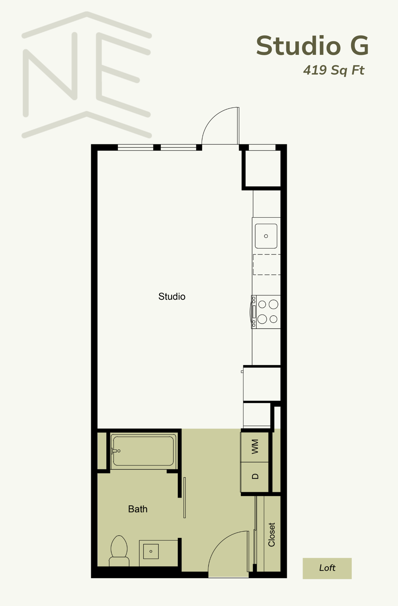 A floor plan for Studio G, which is 419 square feet, shows a bathroom, a closet, and a loft area.